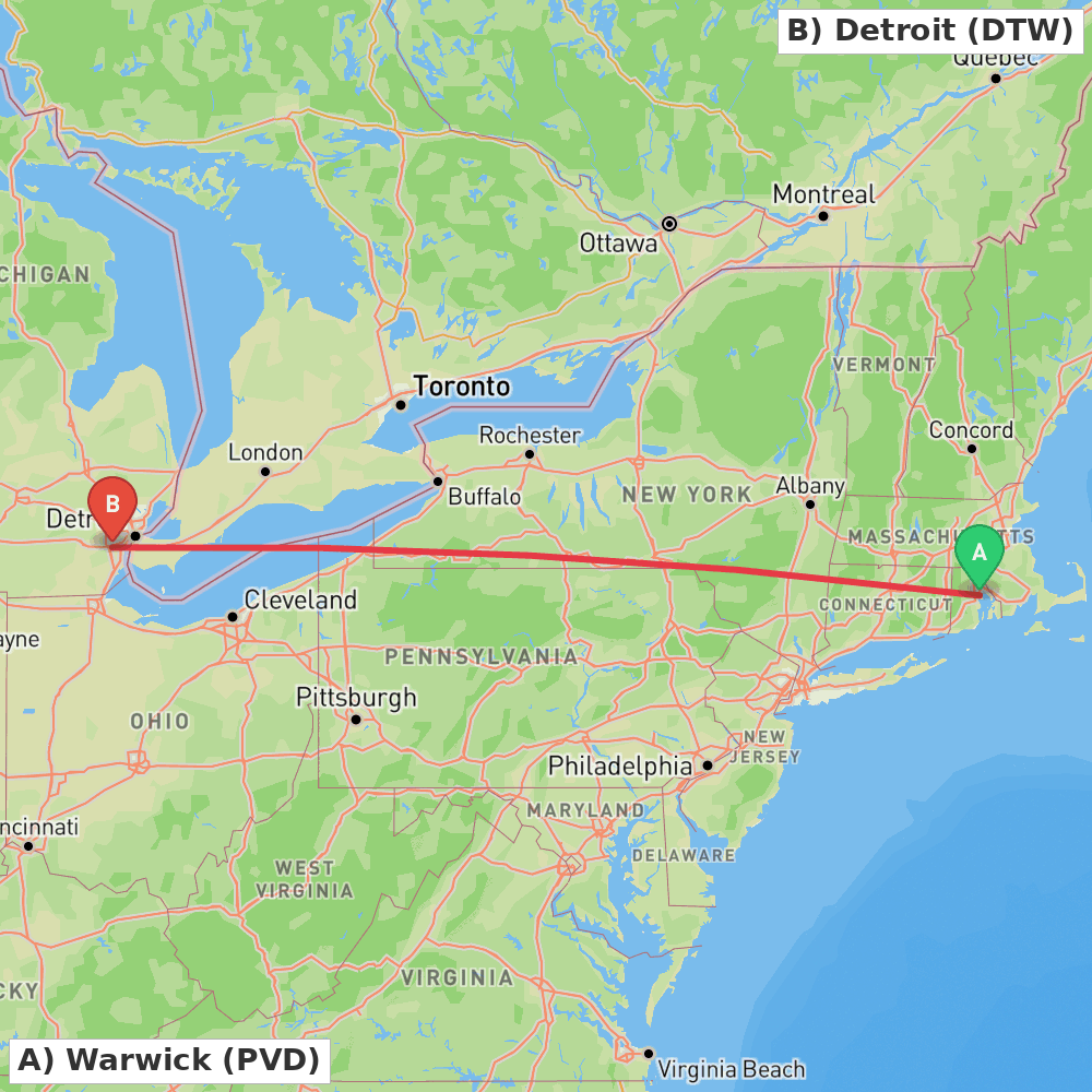 Flight route map from Warwick to Detroit