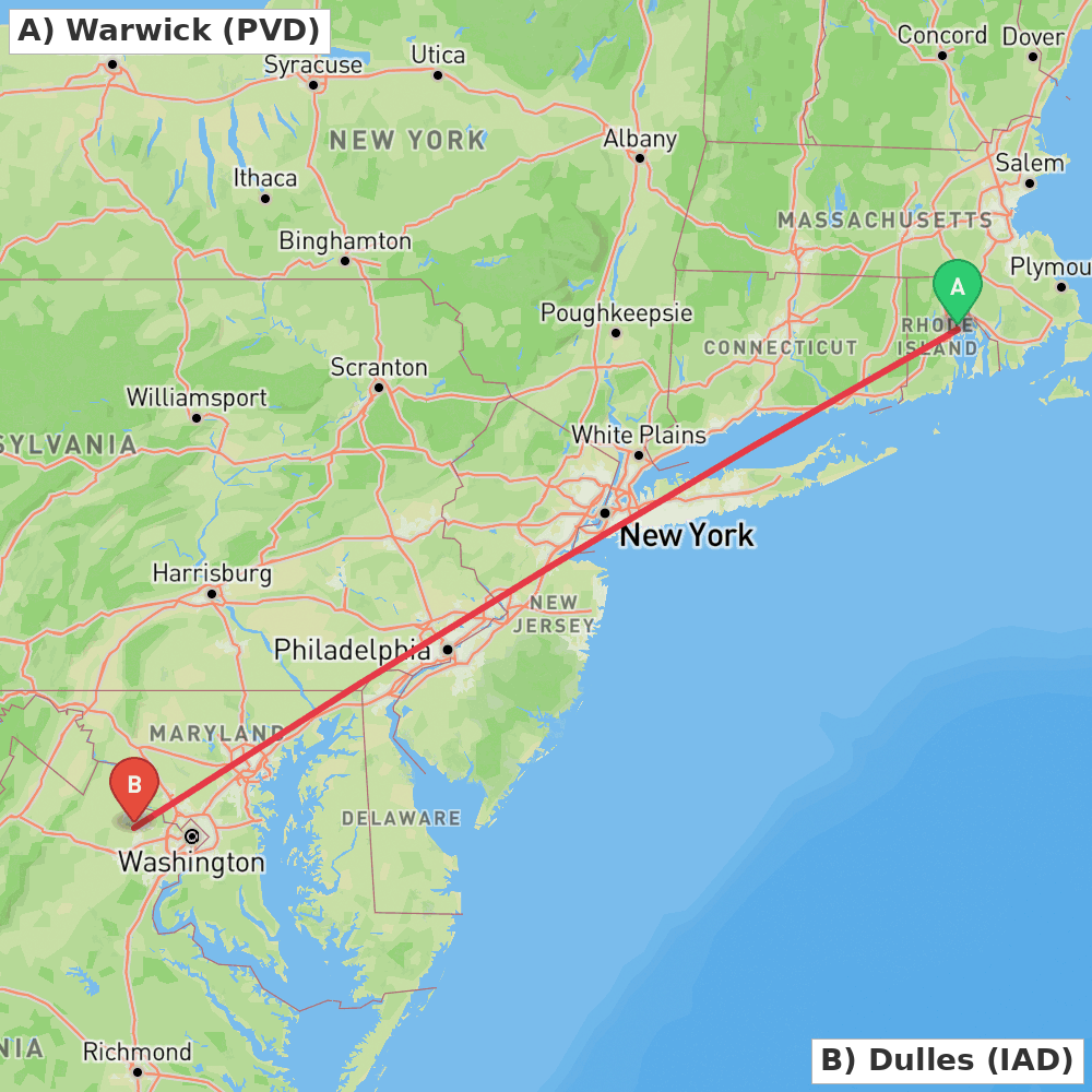 Flight route map from Warwick to Dulles