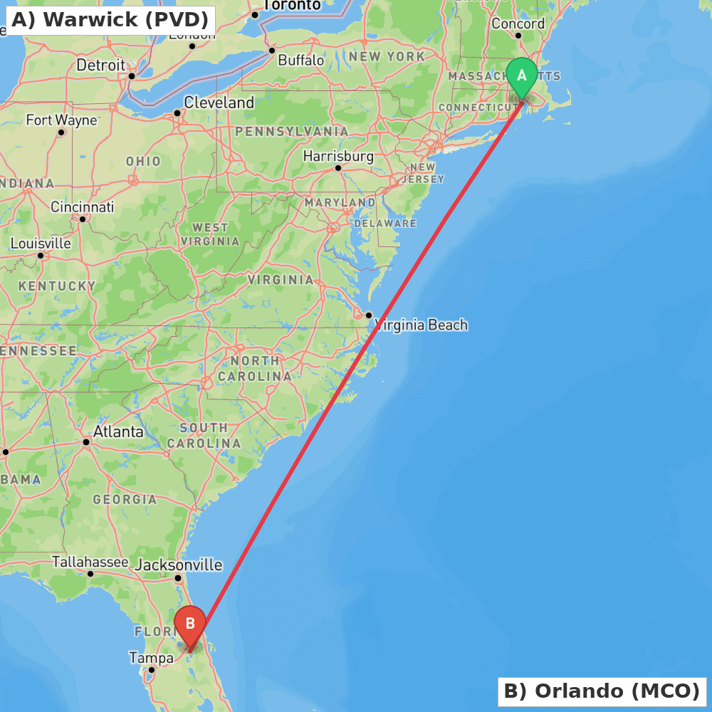 Flight route map from Warwick to Orlando