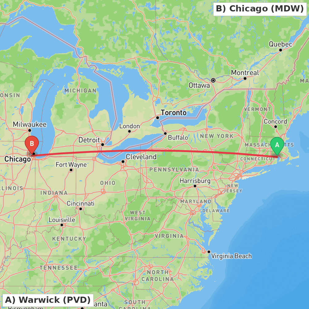 Flight route map from Warwick to Chicago