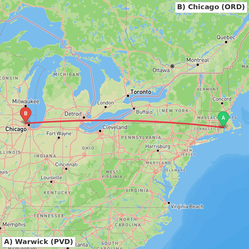 Flight route map from Warwick to Chicago