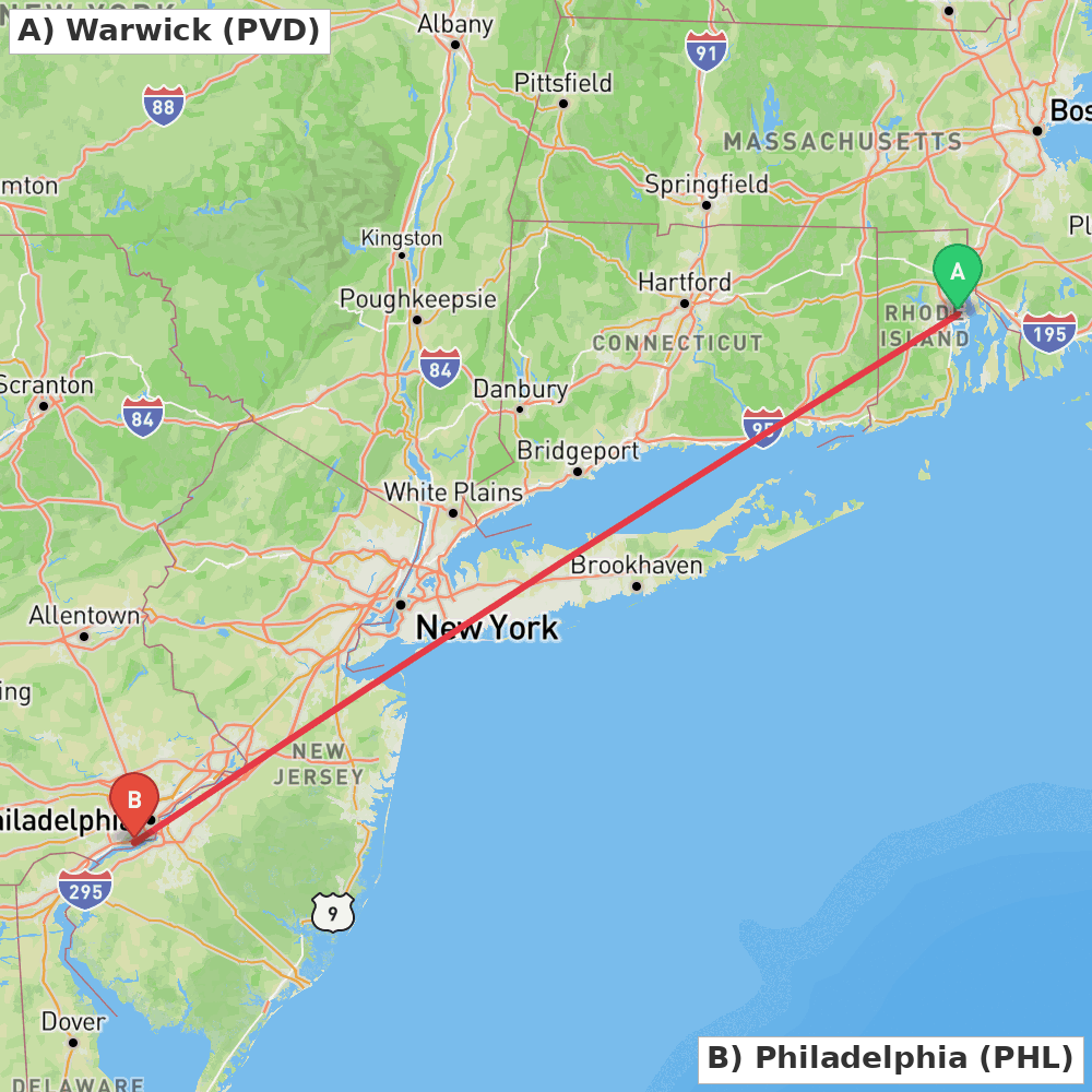 Flight route map from Warwick to Philadelphia