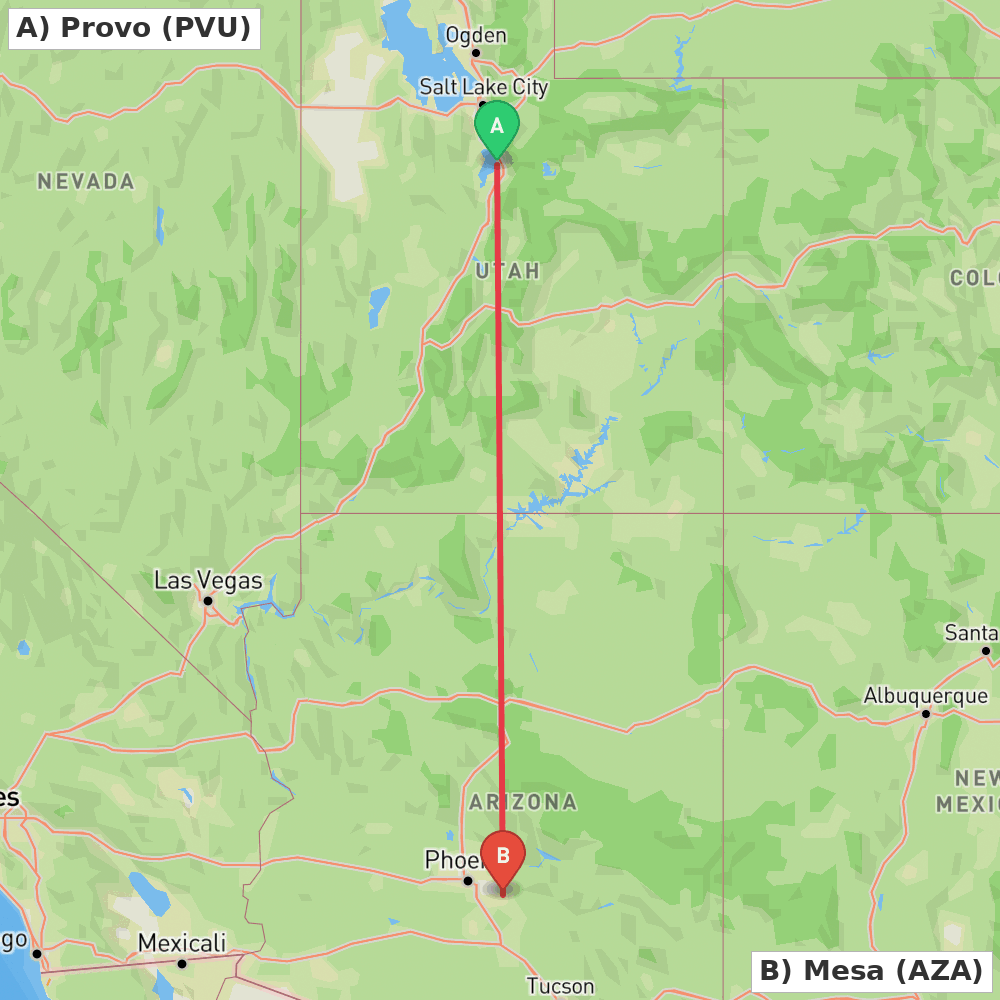 Flight route map from Provo to Mesa