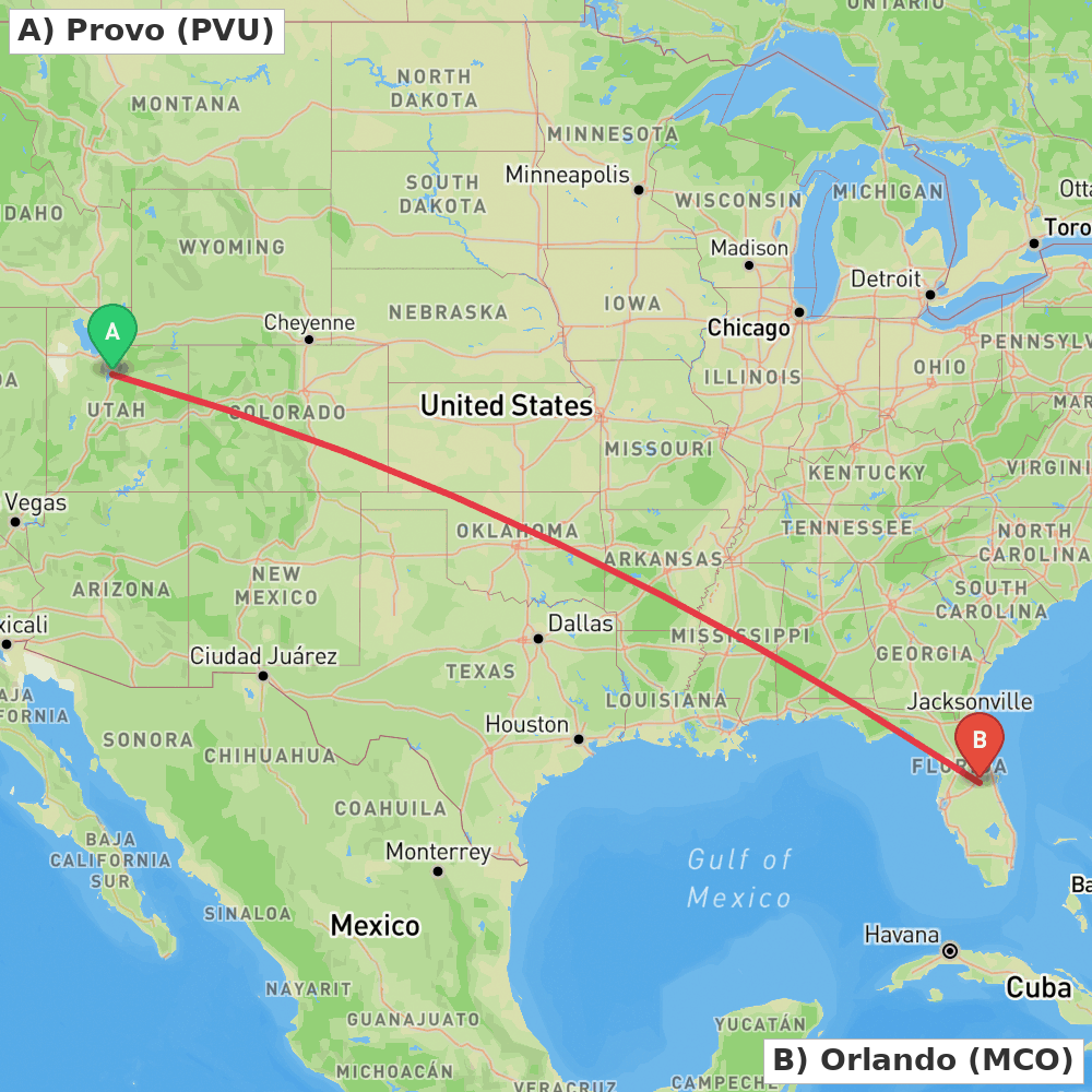 Flight route map from Provo to Orlando