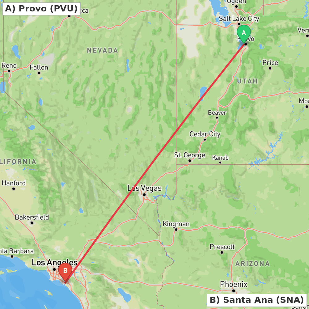 Flight route map from Provo to Santa Ana