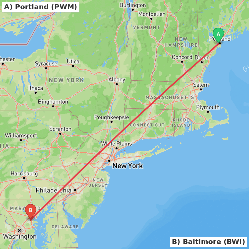 Flight route map from Portland to Baltimore