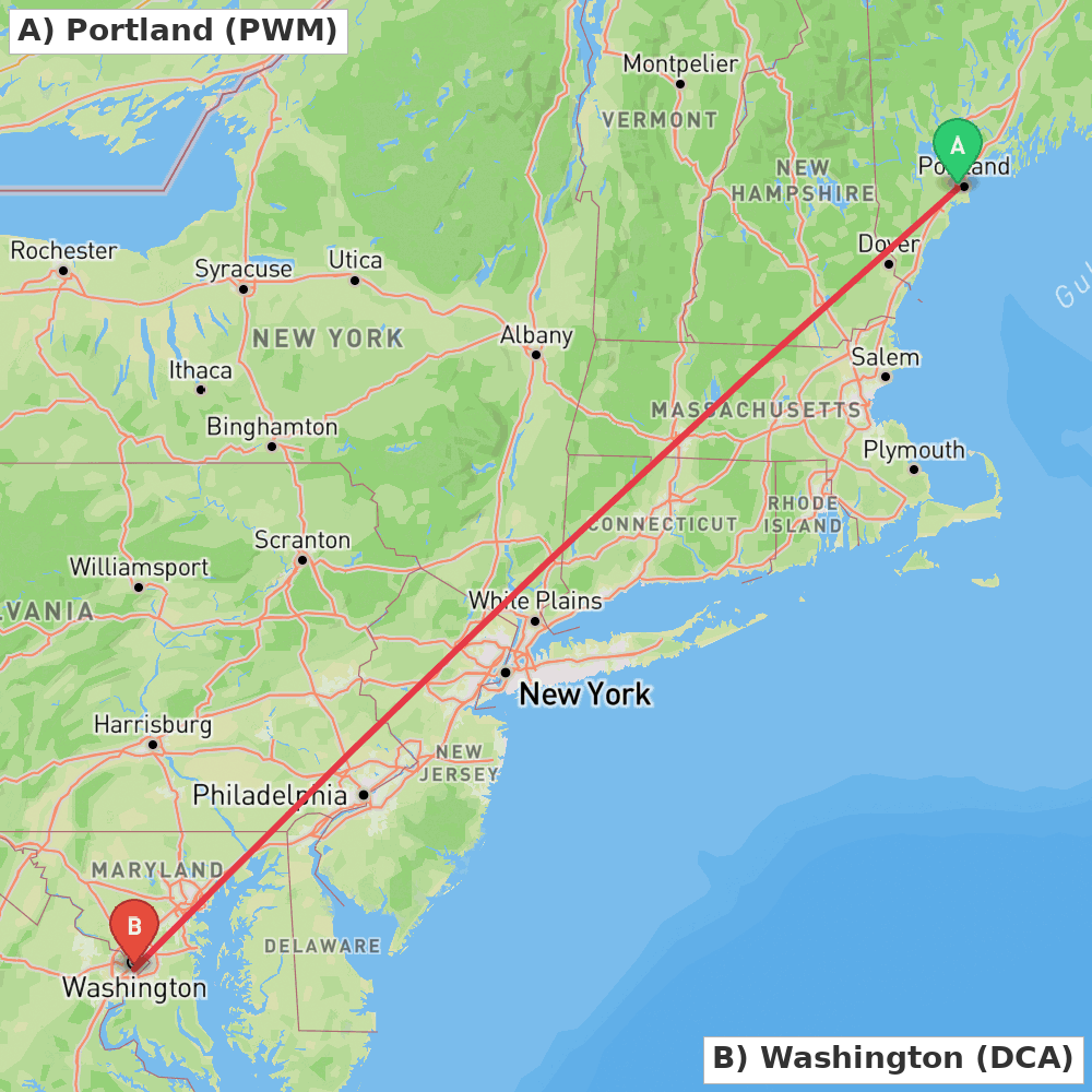 Flight route map from Portland to Washington