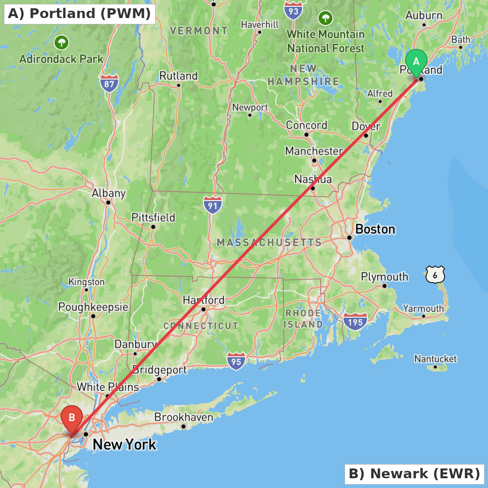 Flight route map from Portland to Newark