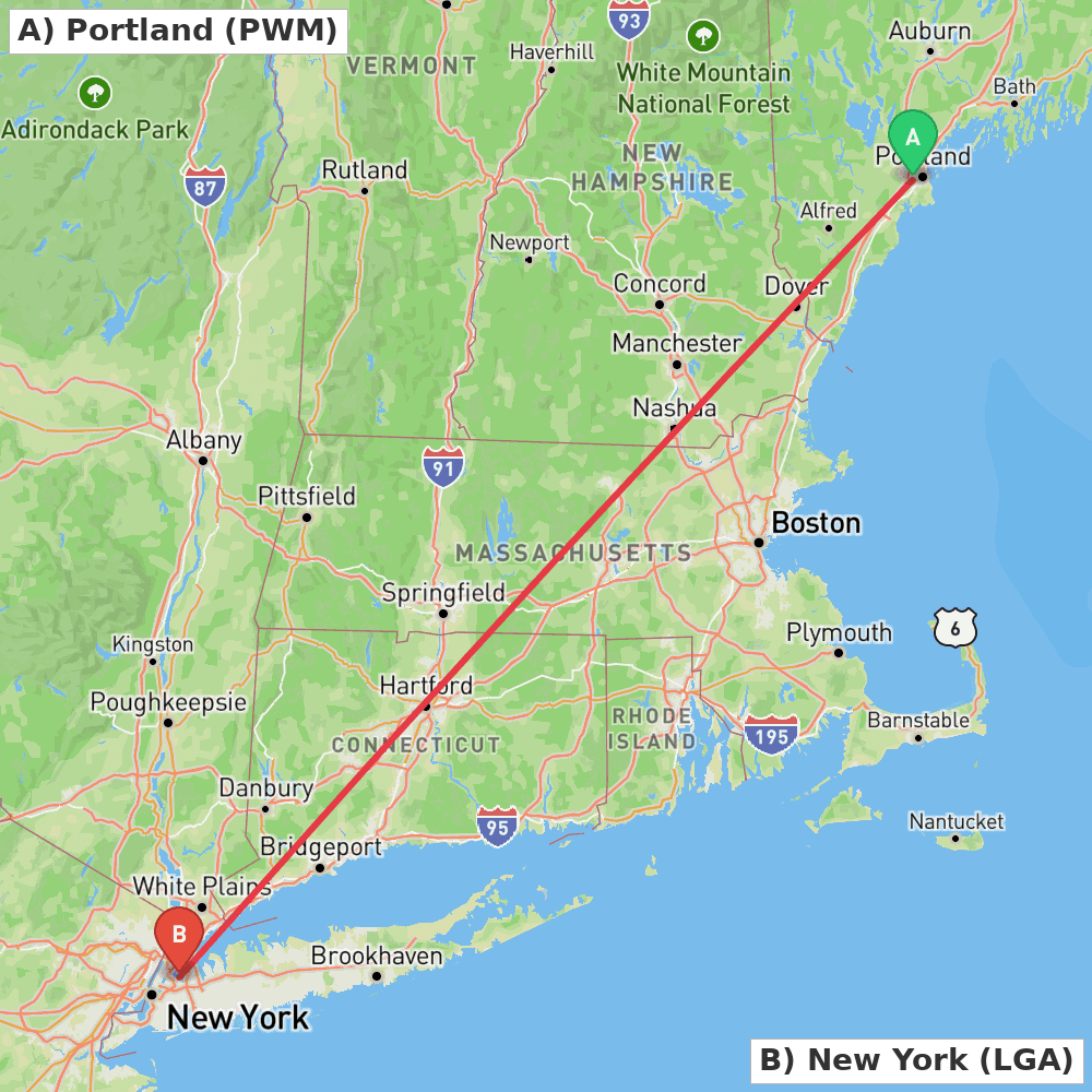 Flight route map from Portland to New York