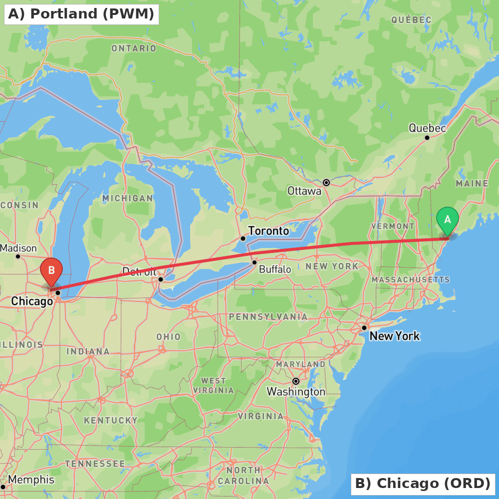 Flight route map from Portland to Chicago