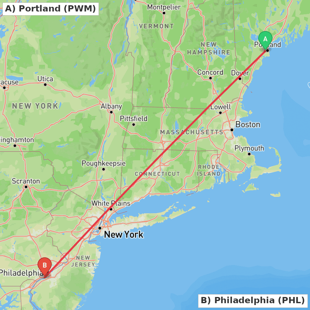 Flight route map from Portland to Philadelphia