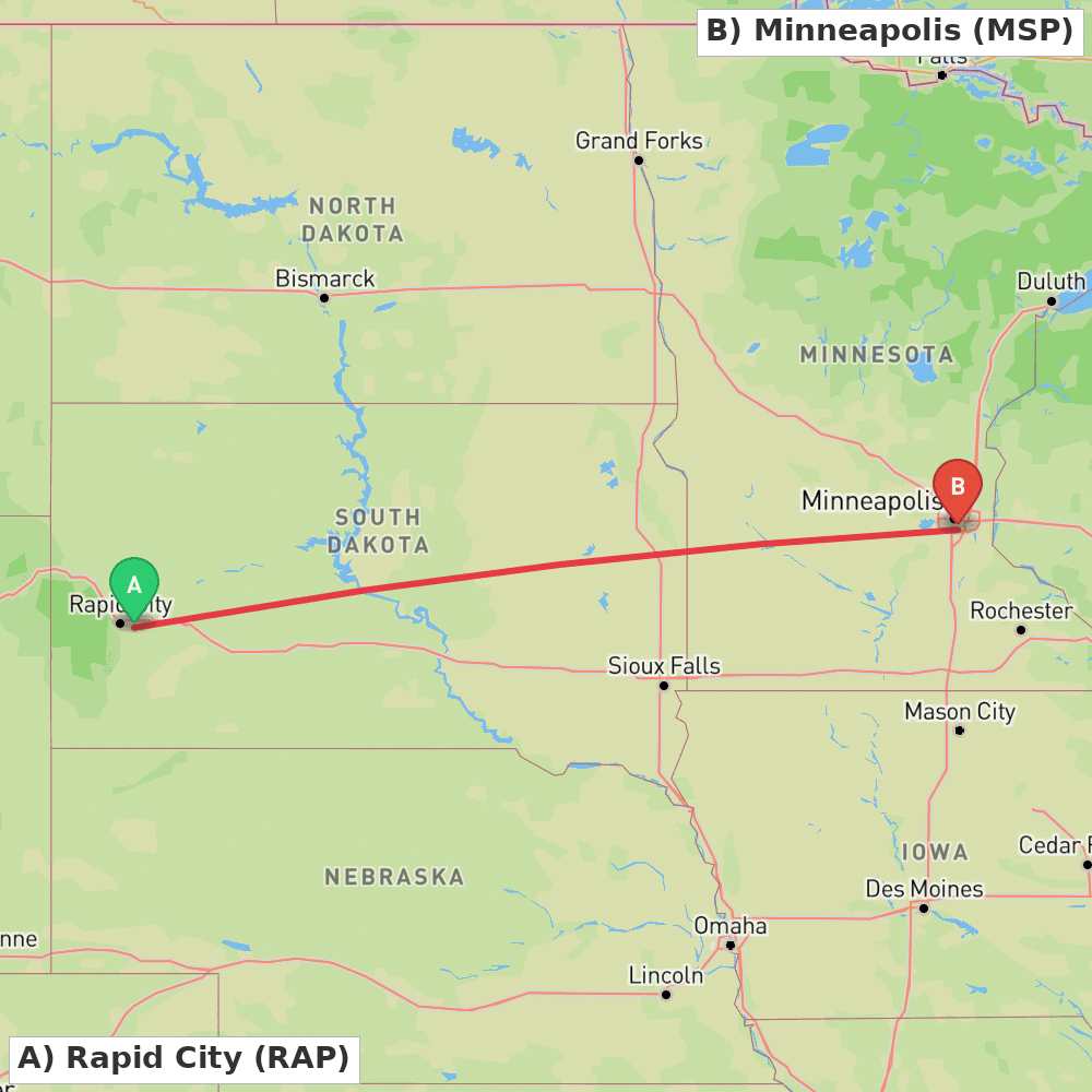 Flight route map from Rapid City to Minneapolis