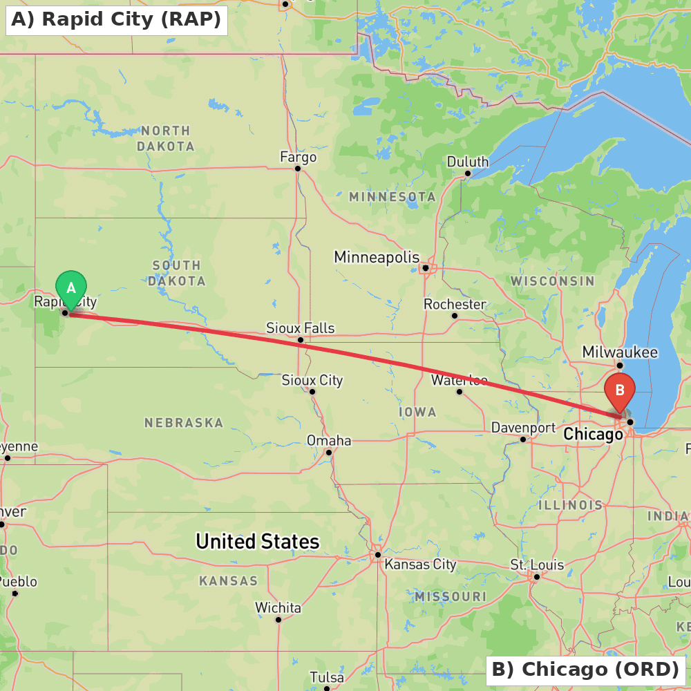 Flight route map from Rapid City to Chicago