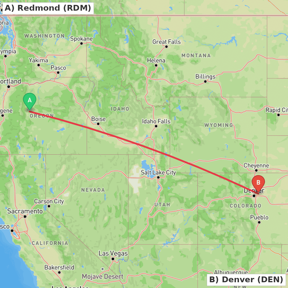 Flight route map from Redmond to Denver