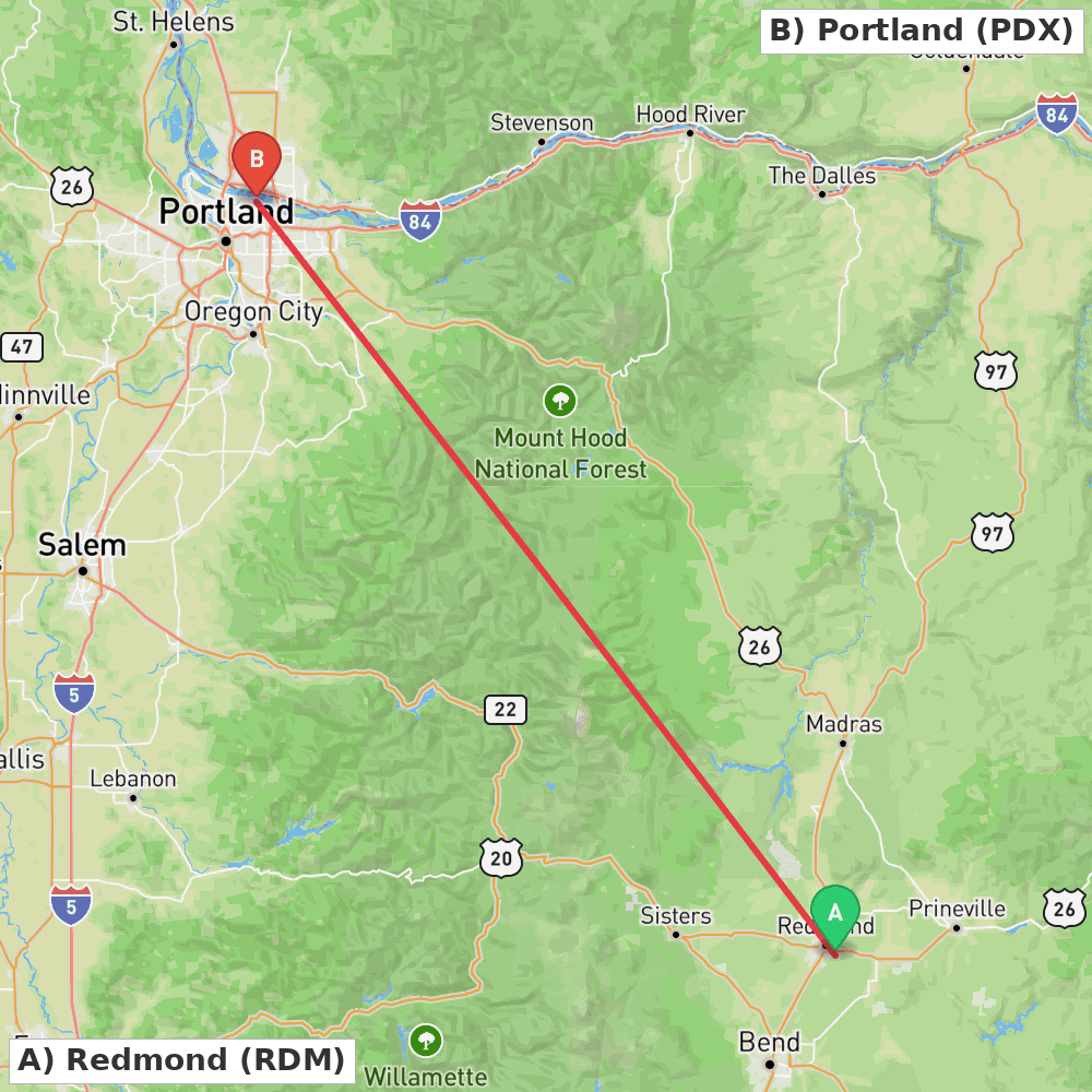 Flight route map from Redmond to Portland