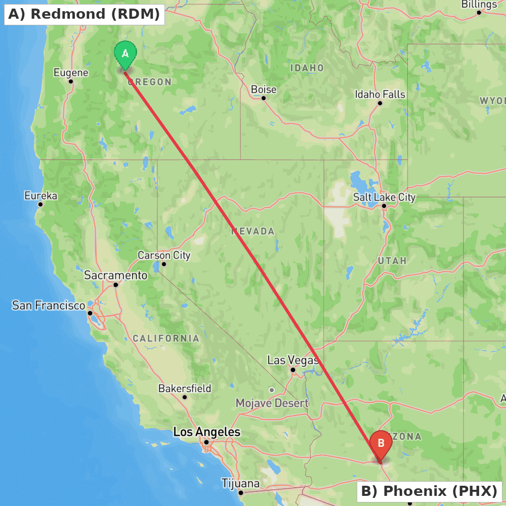Flight route map from Redmond to Phoenix