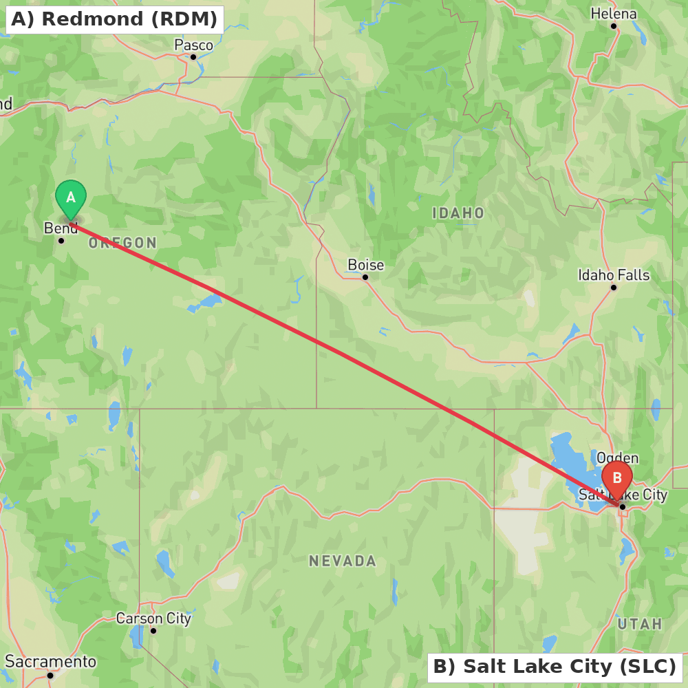 Flight route map from Redmond to Salt Lake City