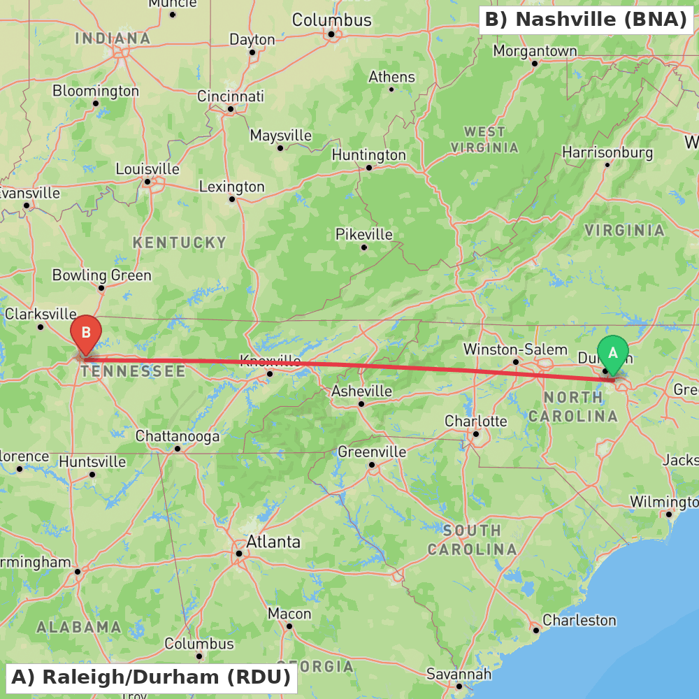 Flight route map from Raleigh/Durham to Nashville
