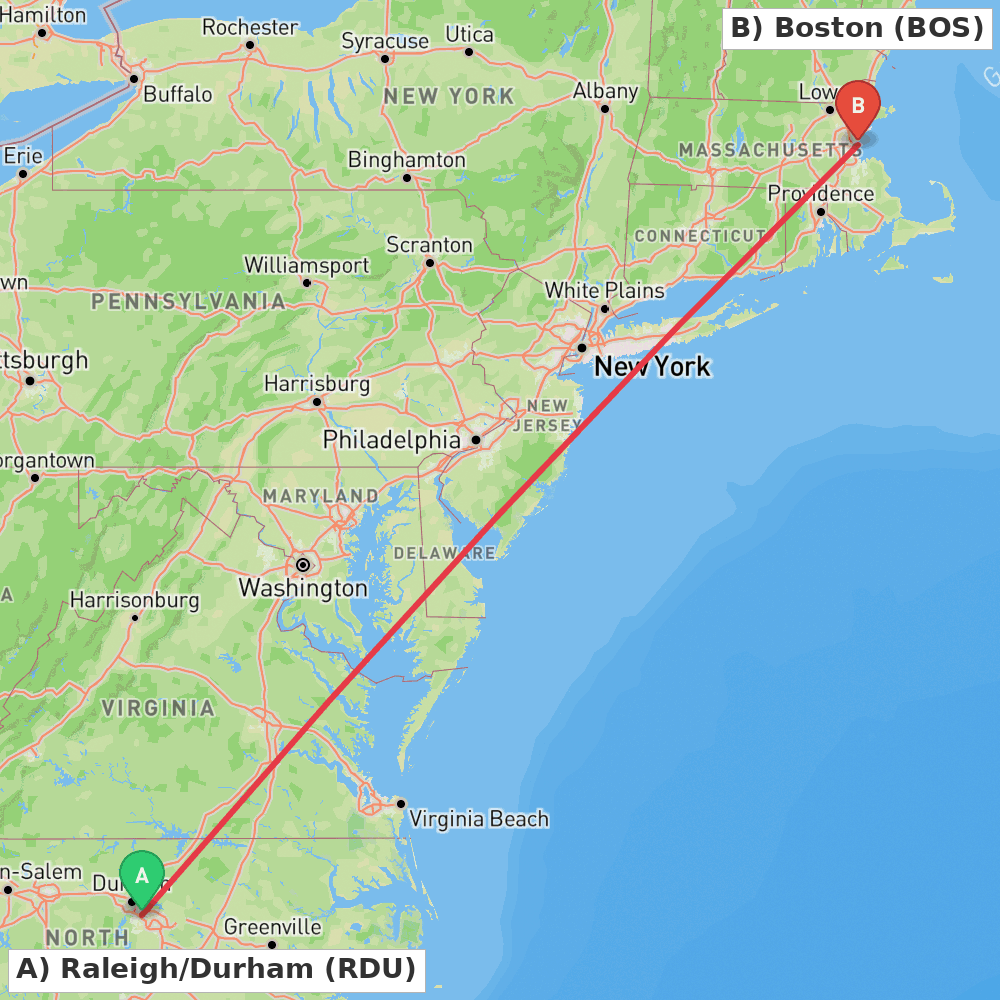 Flight route map from Raleigh/Durham to Boston