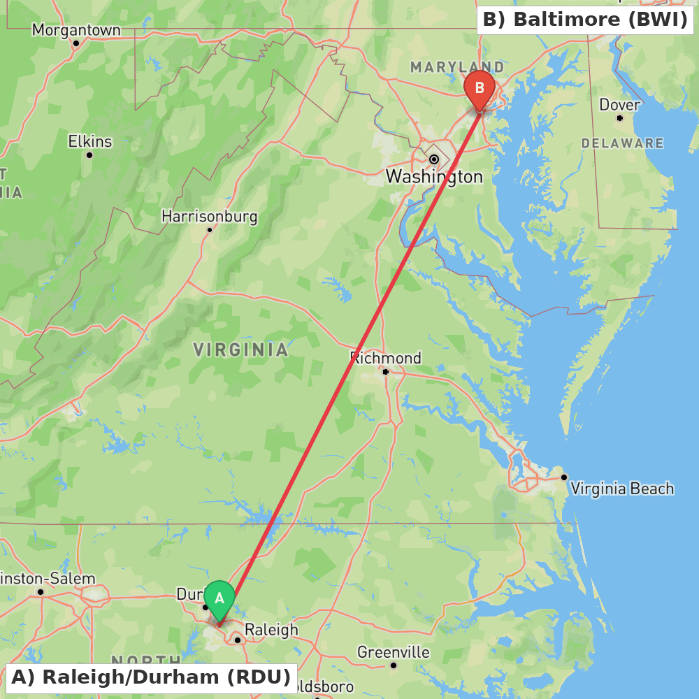 Flight route map from Raleigh/Durham to Baltimore