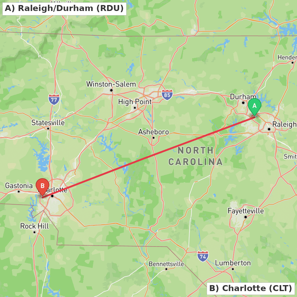 Flight route map from Raleigh/Durham to Charlotte