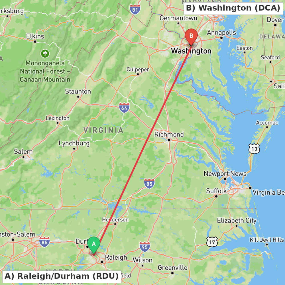 Flight route map from Raleigh/Durham to Washington