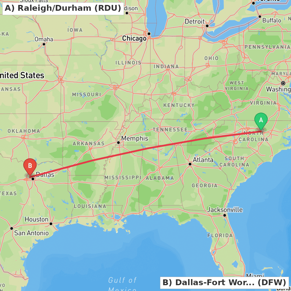 Flight route map from Raleigh/Durham to Dallas-Fort Worth