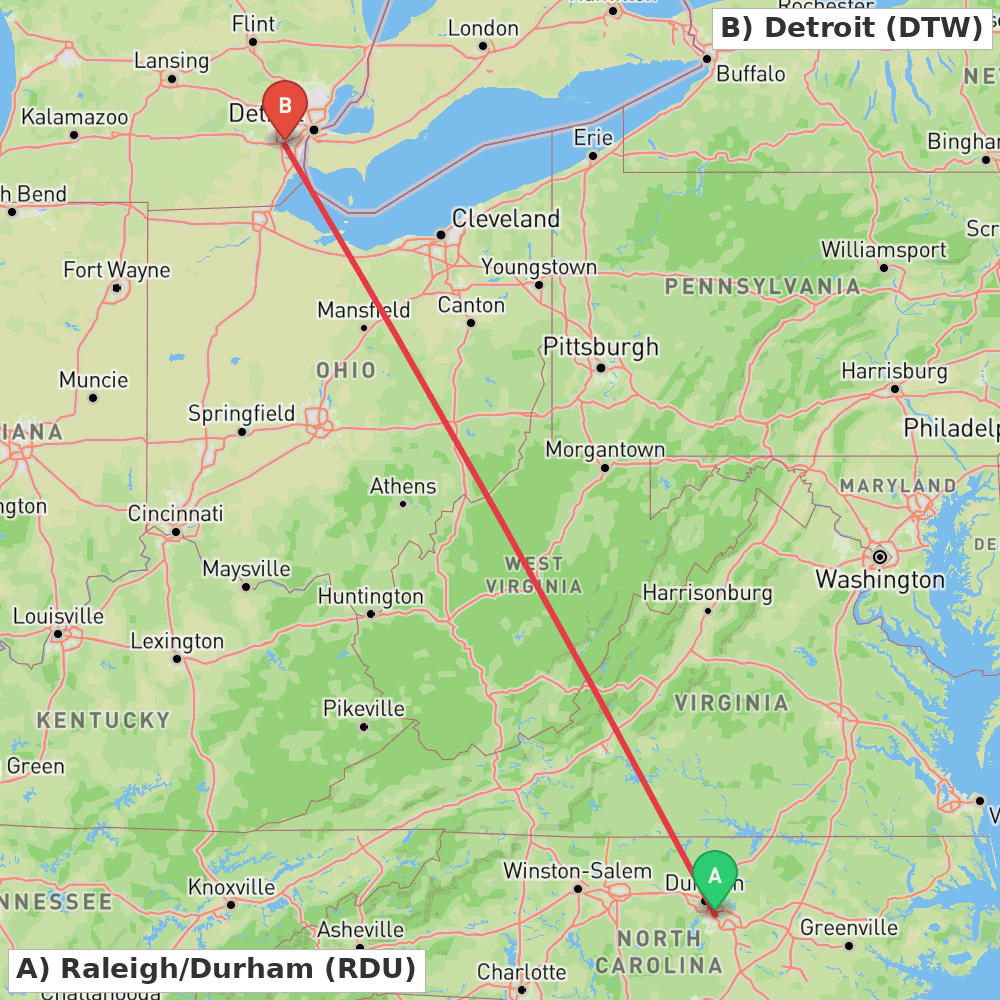 Flight route map from Raleigh/Durham to Detroit