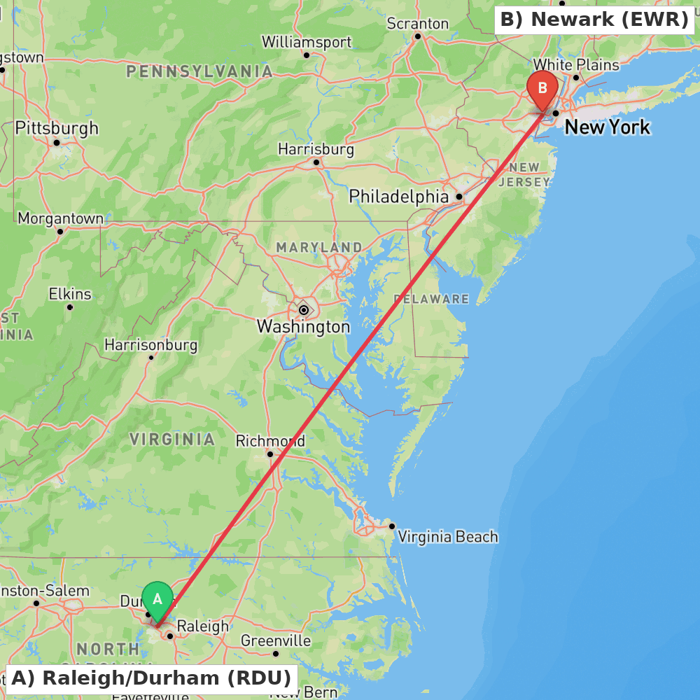 Flight route map from Raleigh/Durham to Newark