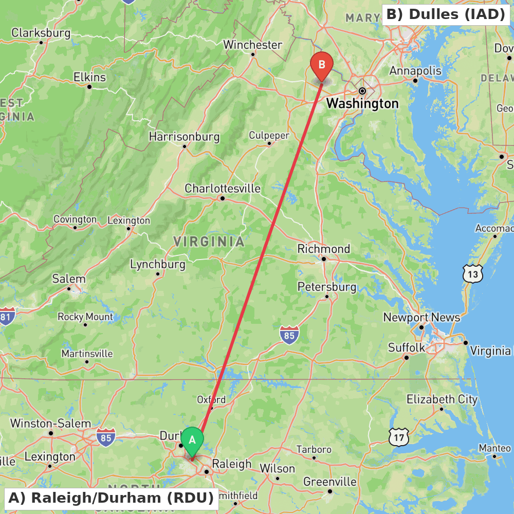 Flight route map from Raleigh/Durham to Dulles