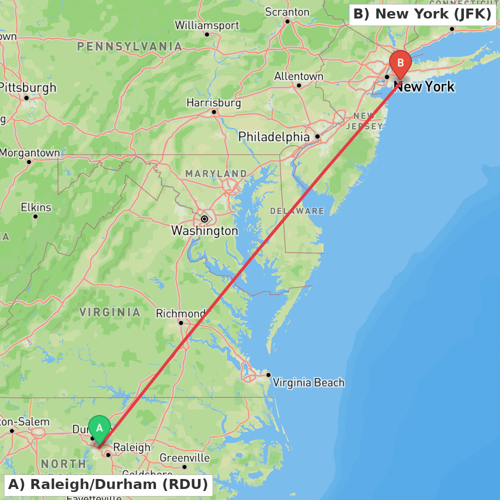 Flight route map from Raleigh/Durham to New York