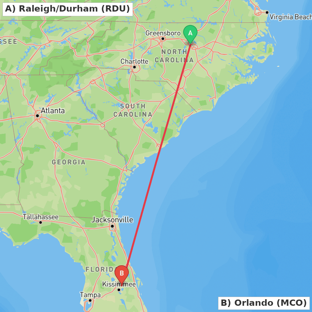 Flight route map from Raleigh/Durham to Orlando