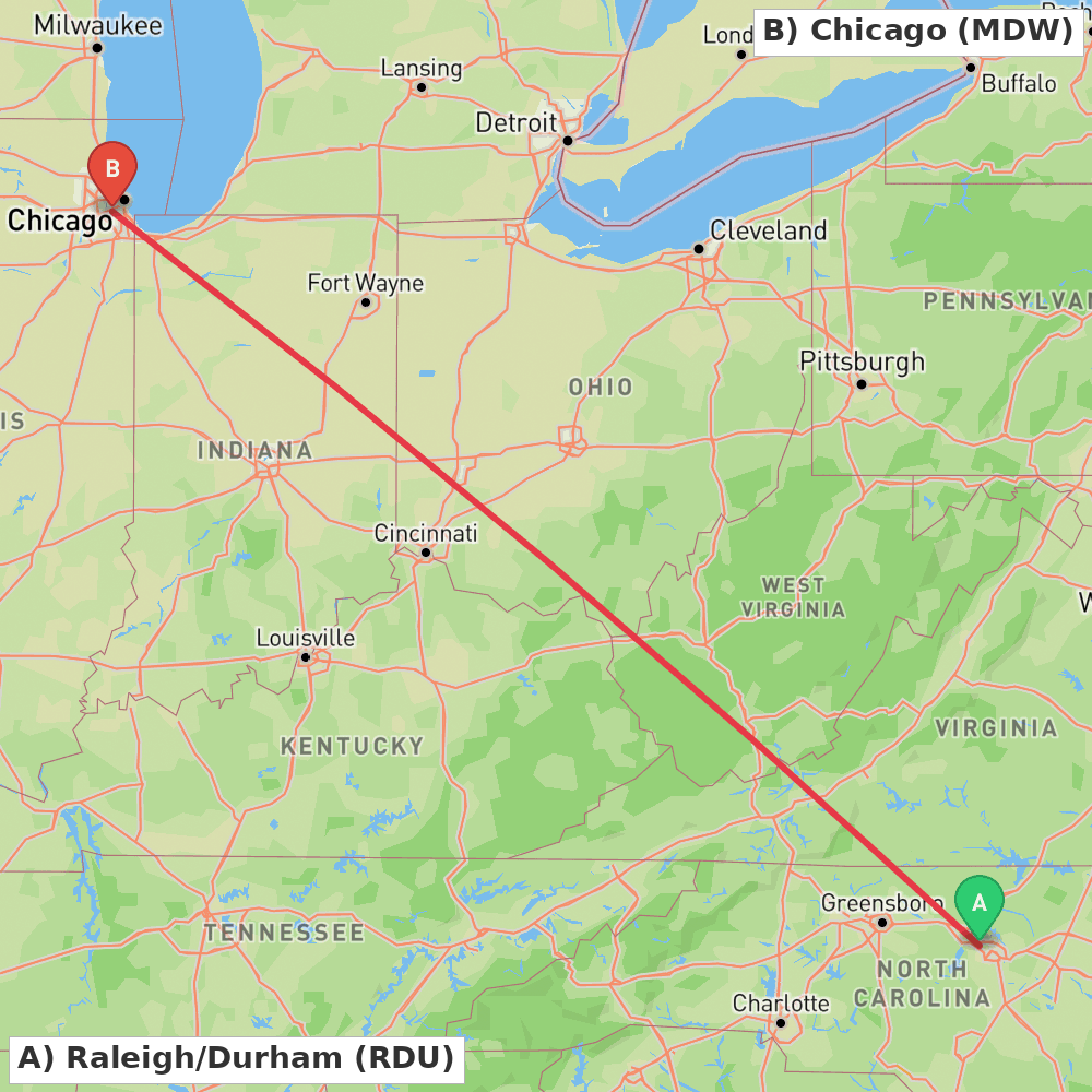 Flight route map from Raleigh/Durham to Chicago