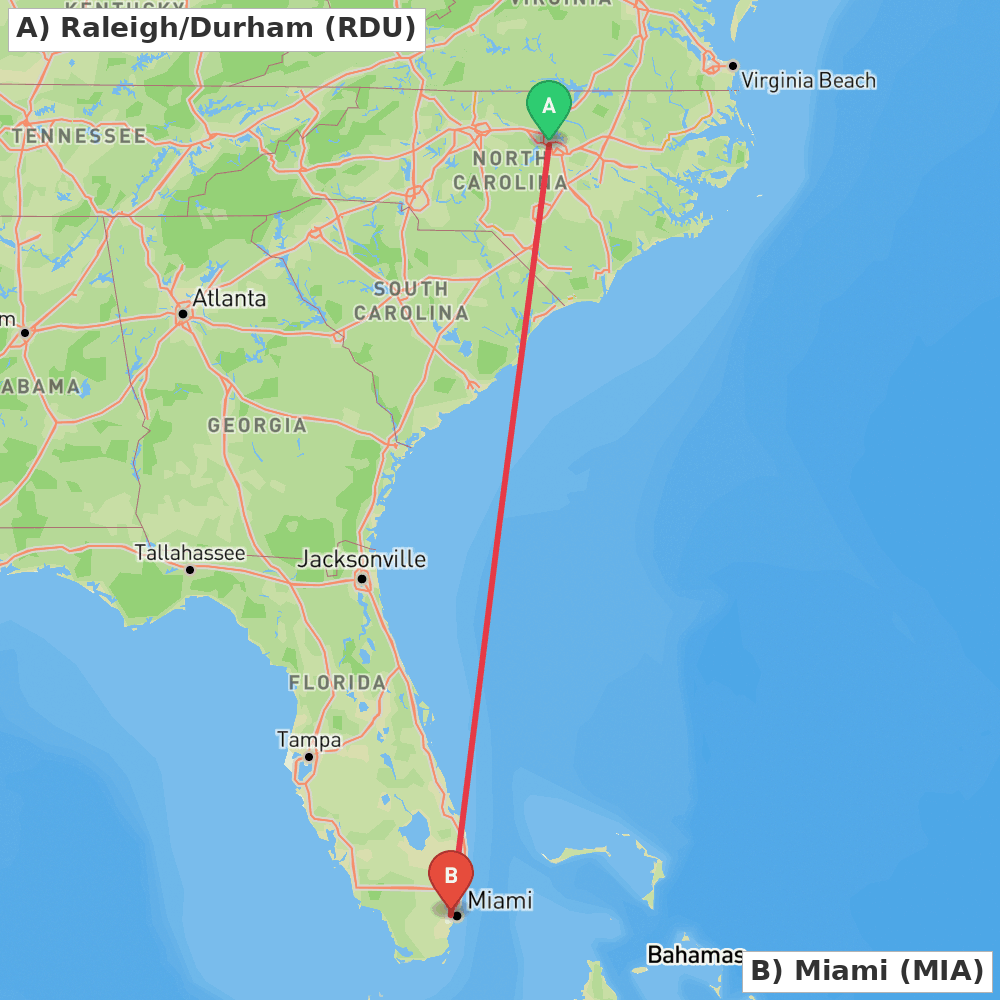 Flight route map from Raleigh/Durham to Miami