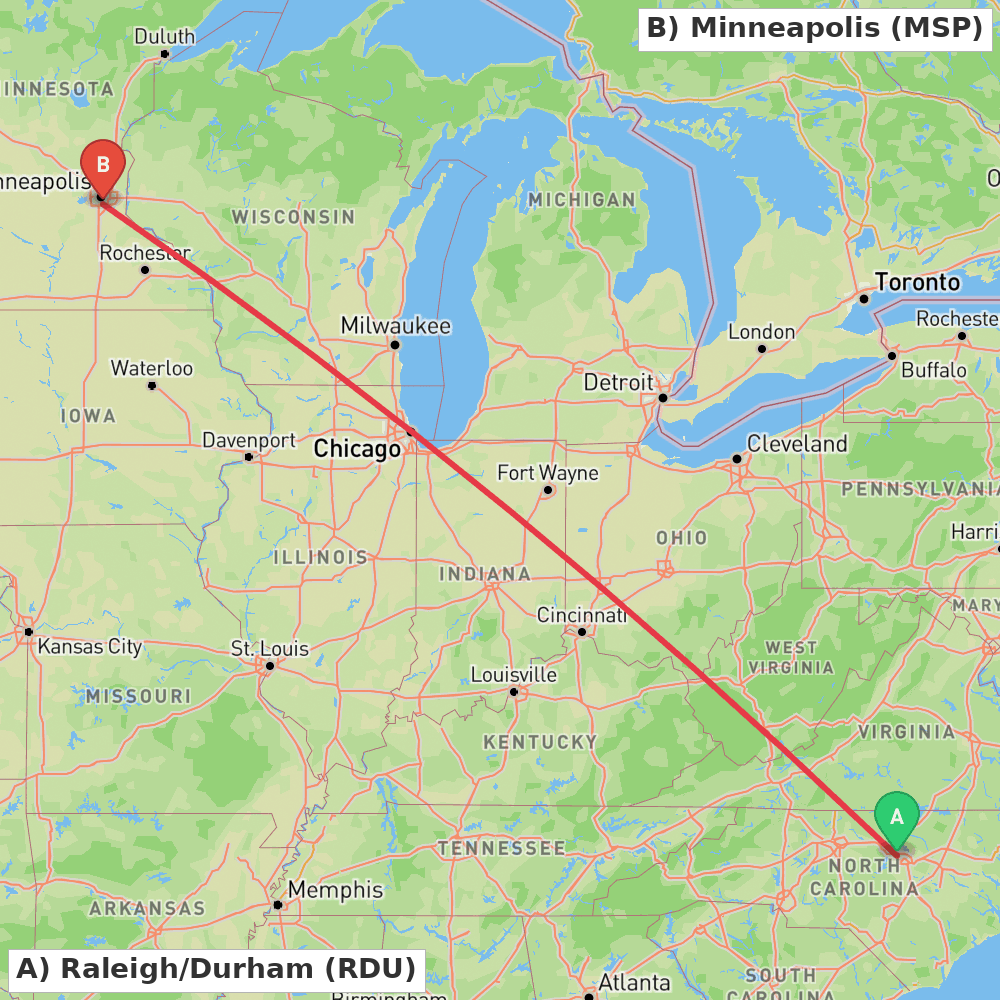 Flight route map from Raleigh/Durham to Minneapolis