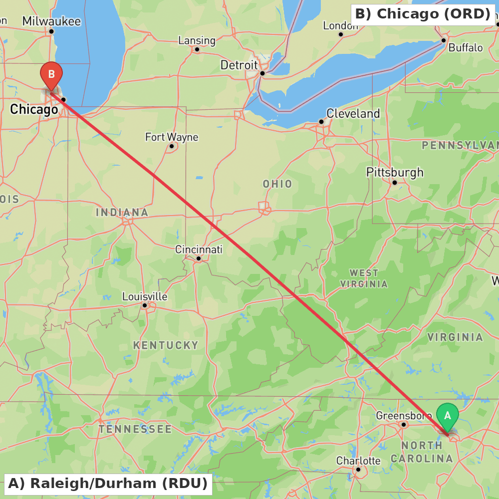 Flight route map from Raleigh/Durham to Chicago