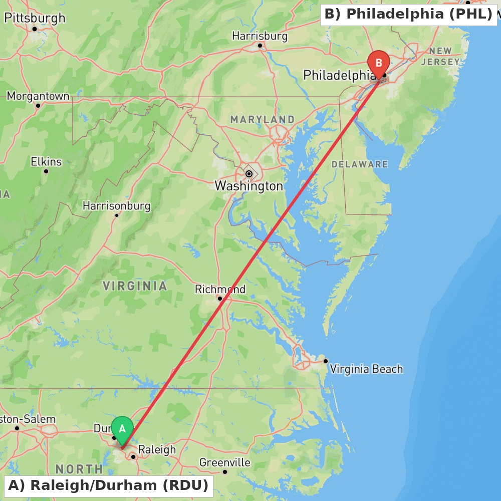Flight route map from Raleigh/Durham to Philadelphia