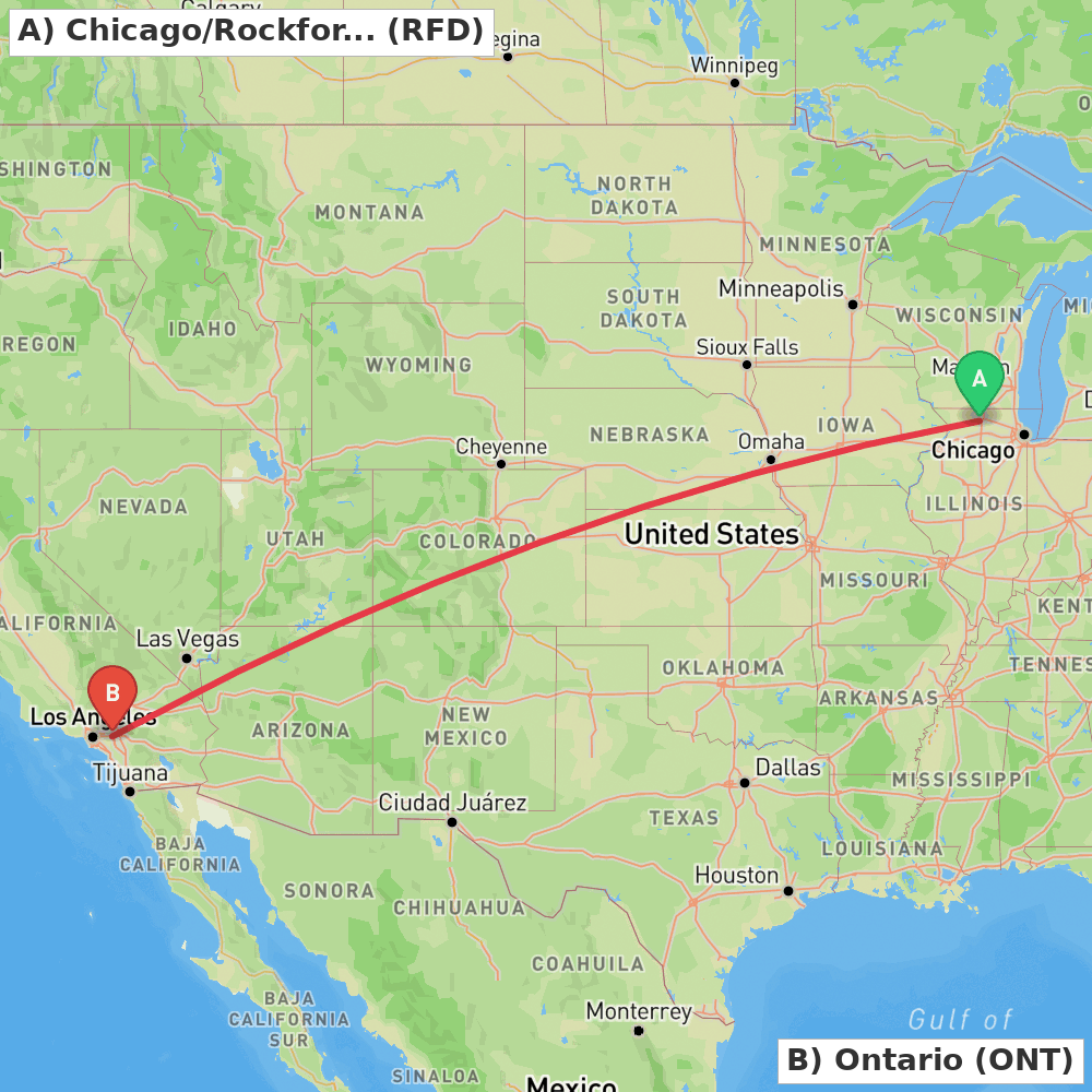 Flight route map from Chicago/Rockford to Ontario