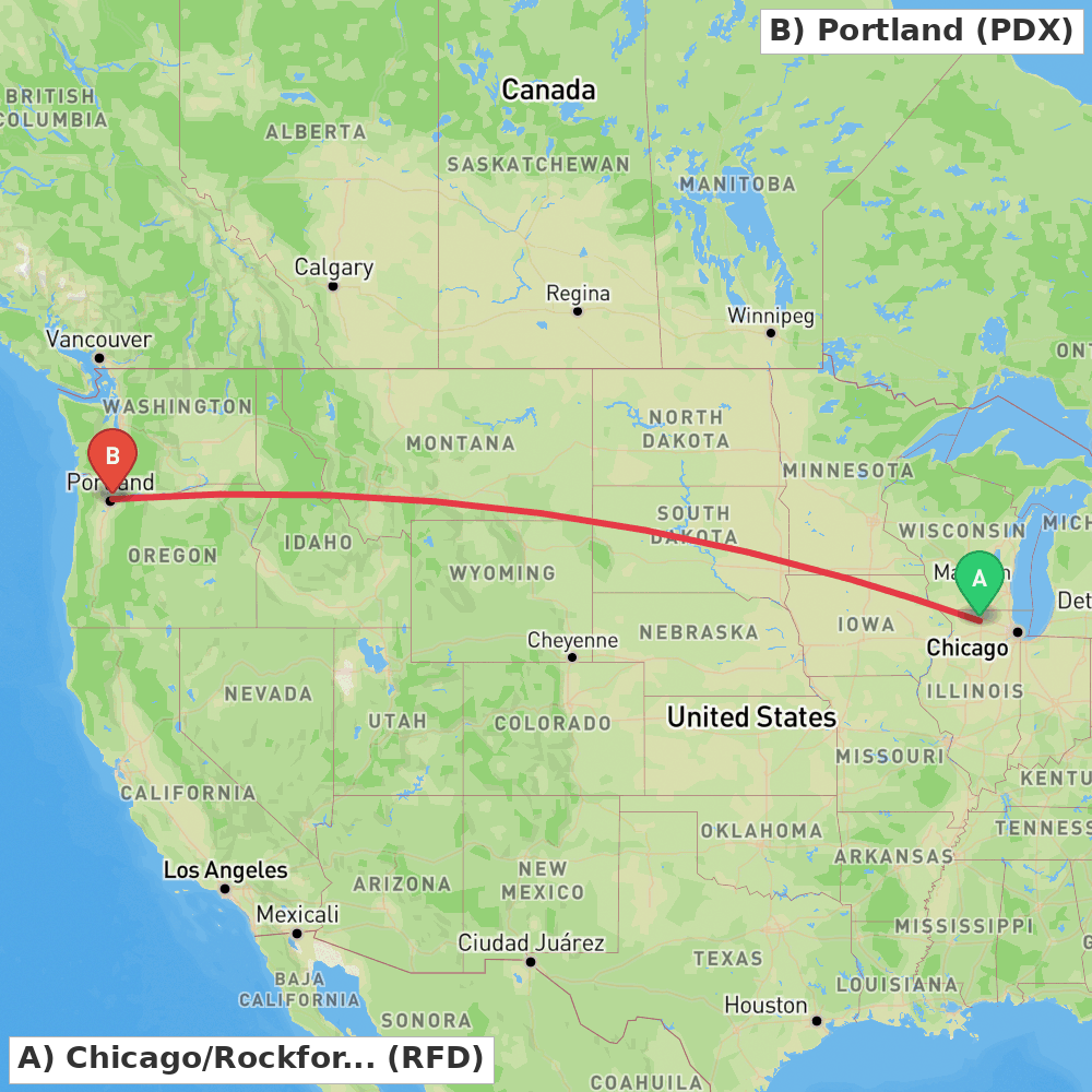 Flight route map from Chicago/Rockford to Portland