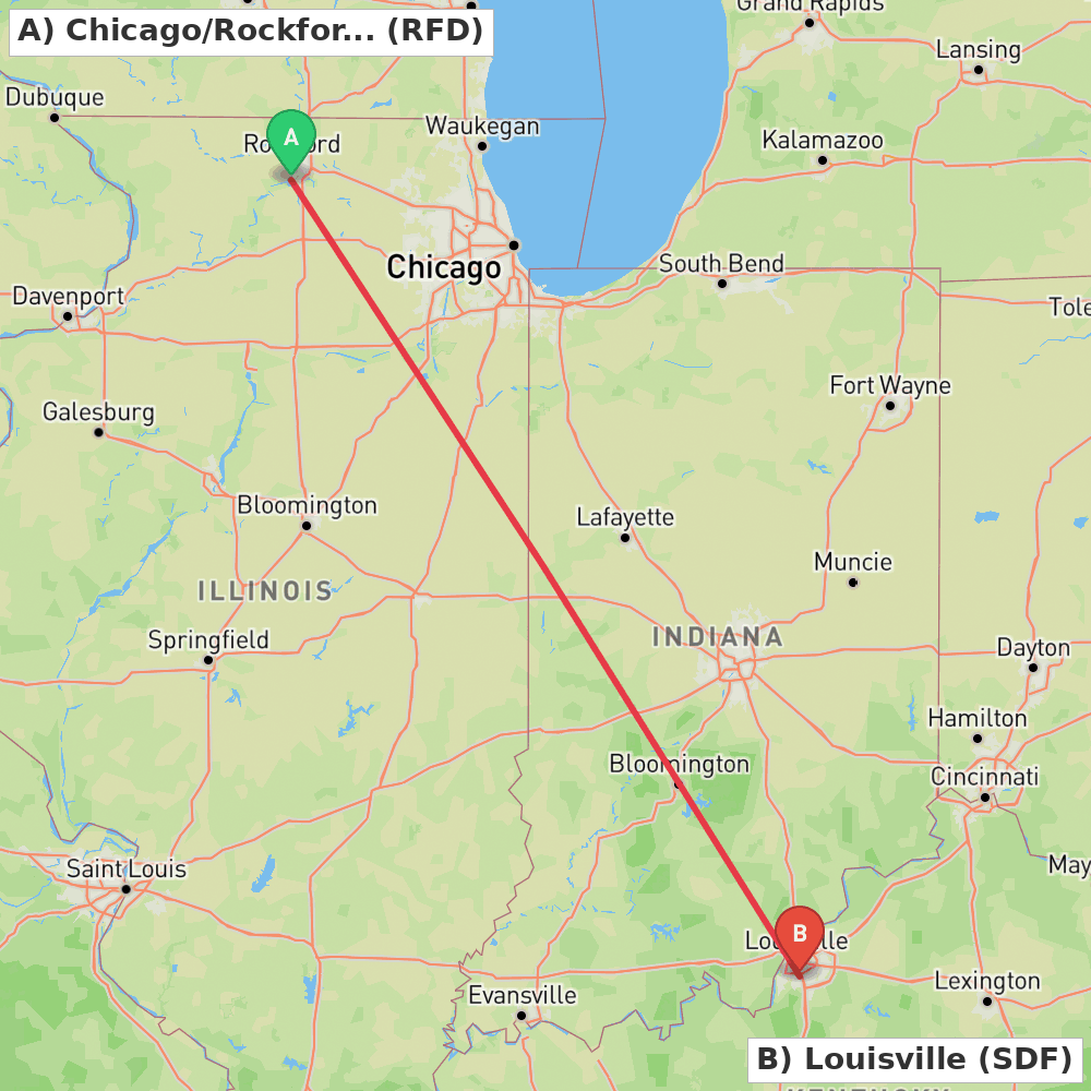Flight route map from Chicago/Rockford to Louisville