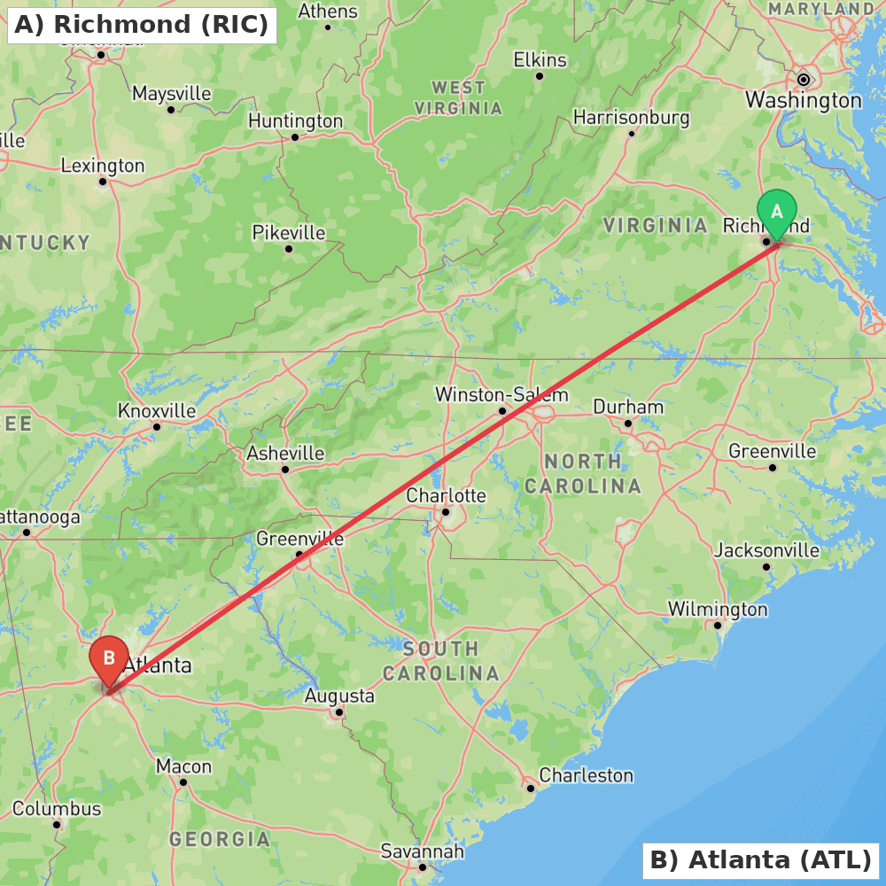 Flight route map from Richmond to Atlanta