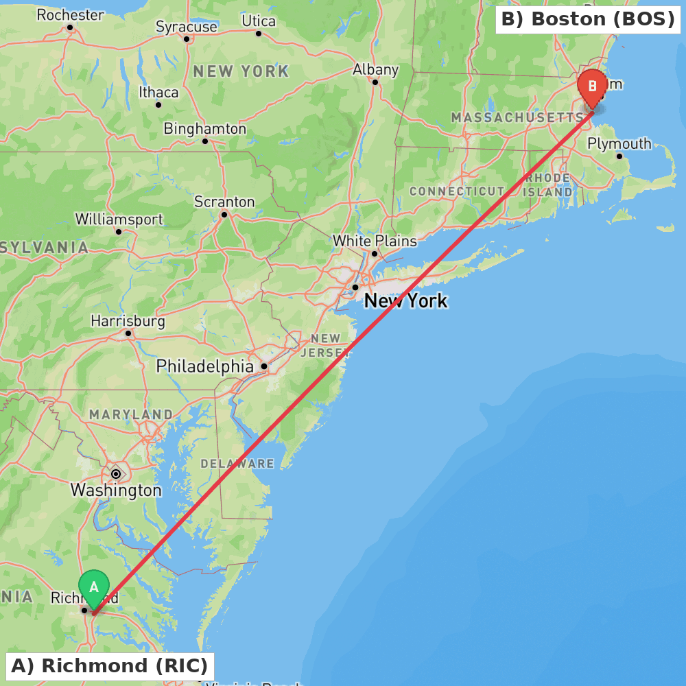 Flight route map from Richmond to Boston