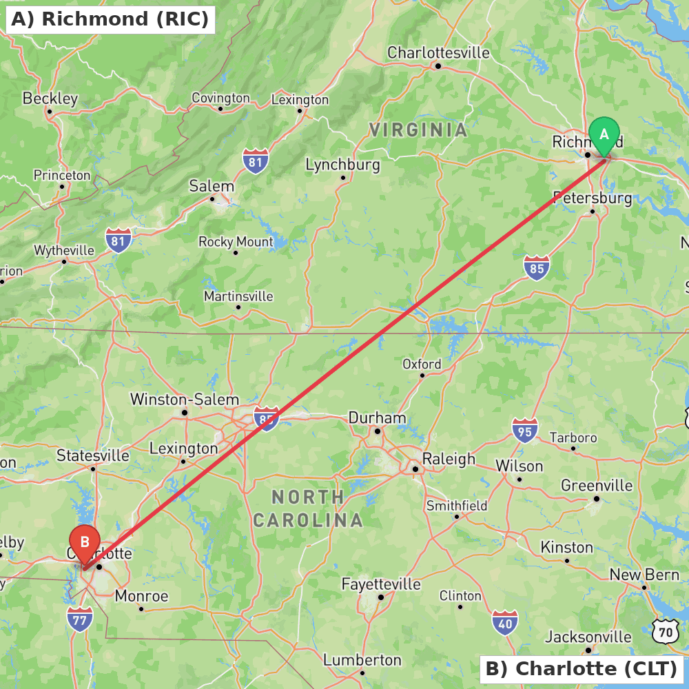 Flight route map from Richmond to Charlotte