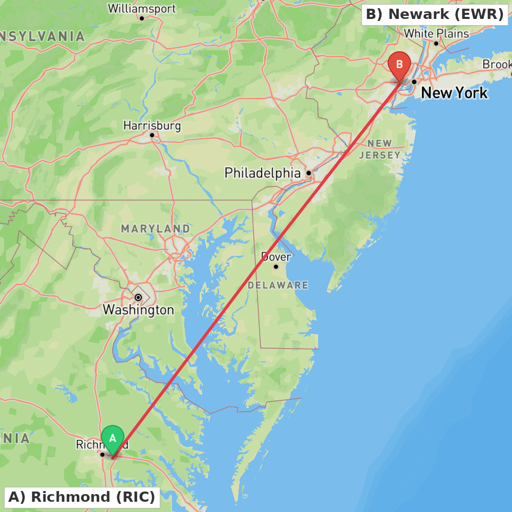Flight route map from Richmond to Newark