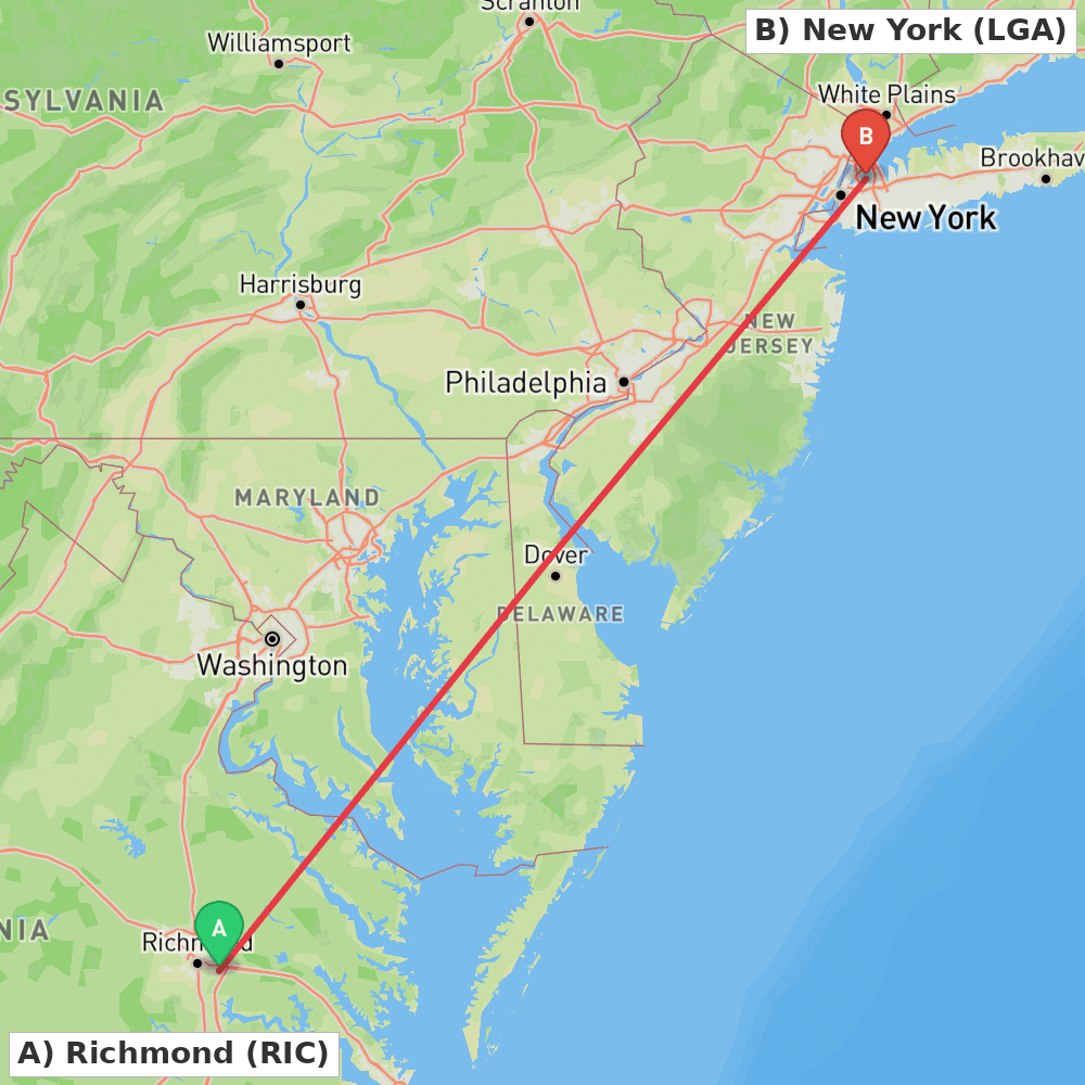 Flight route map from Richmond to New York