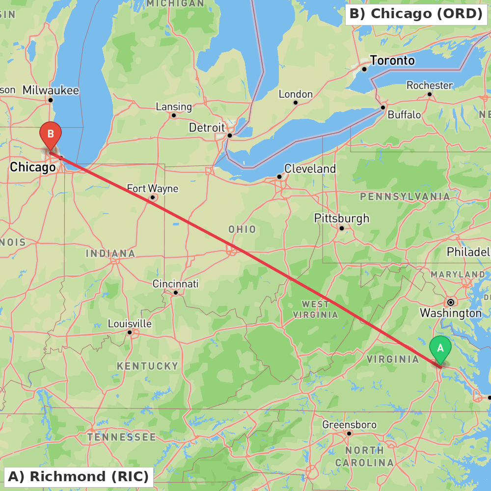 Flight route map from Richmond to Chicago
