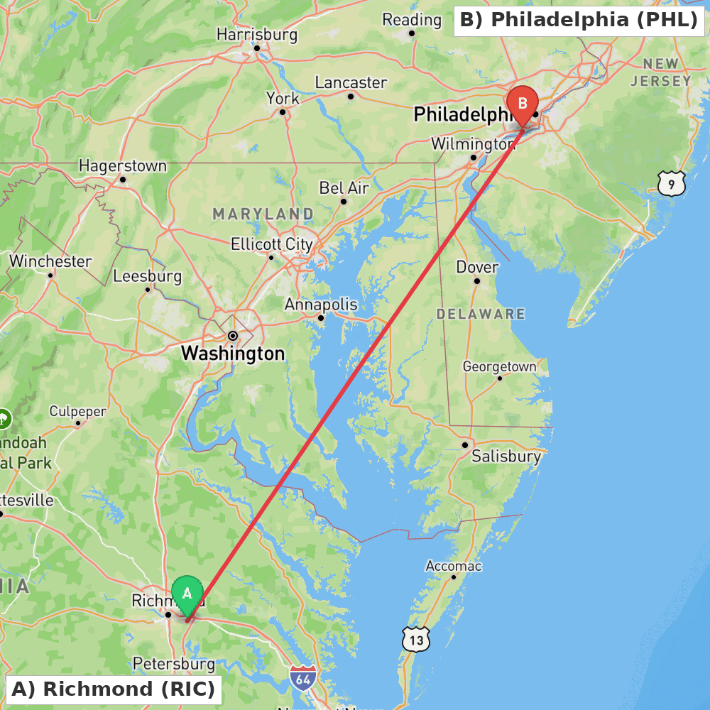 Flight route map from Richmond to Philadelphia