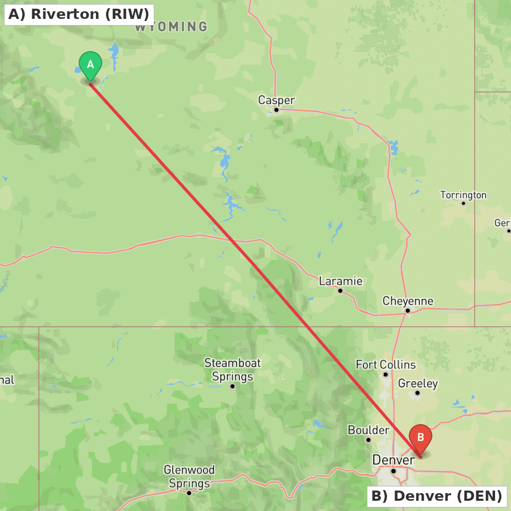 Flight route map from Riverton to Denver