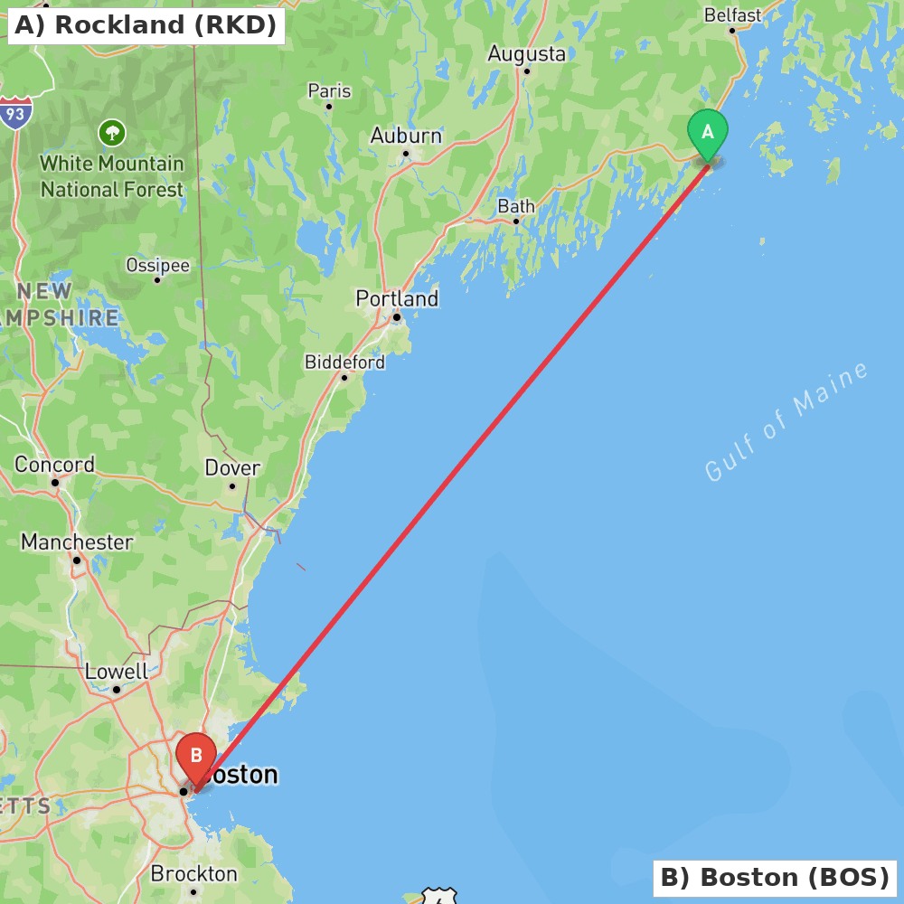 Flight route map from Rockland to Boston