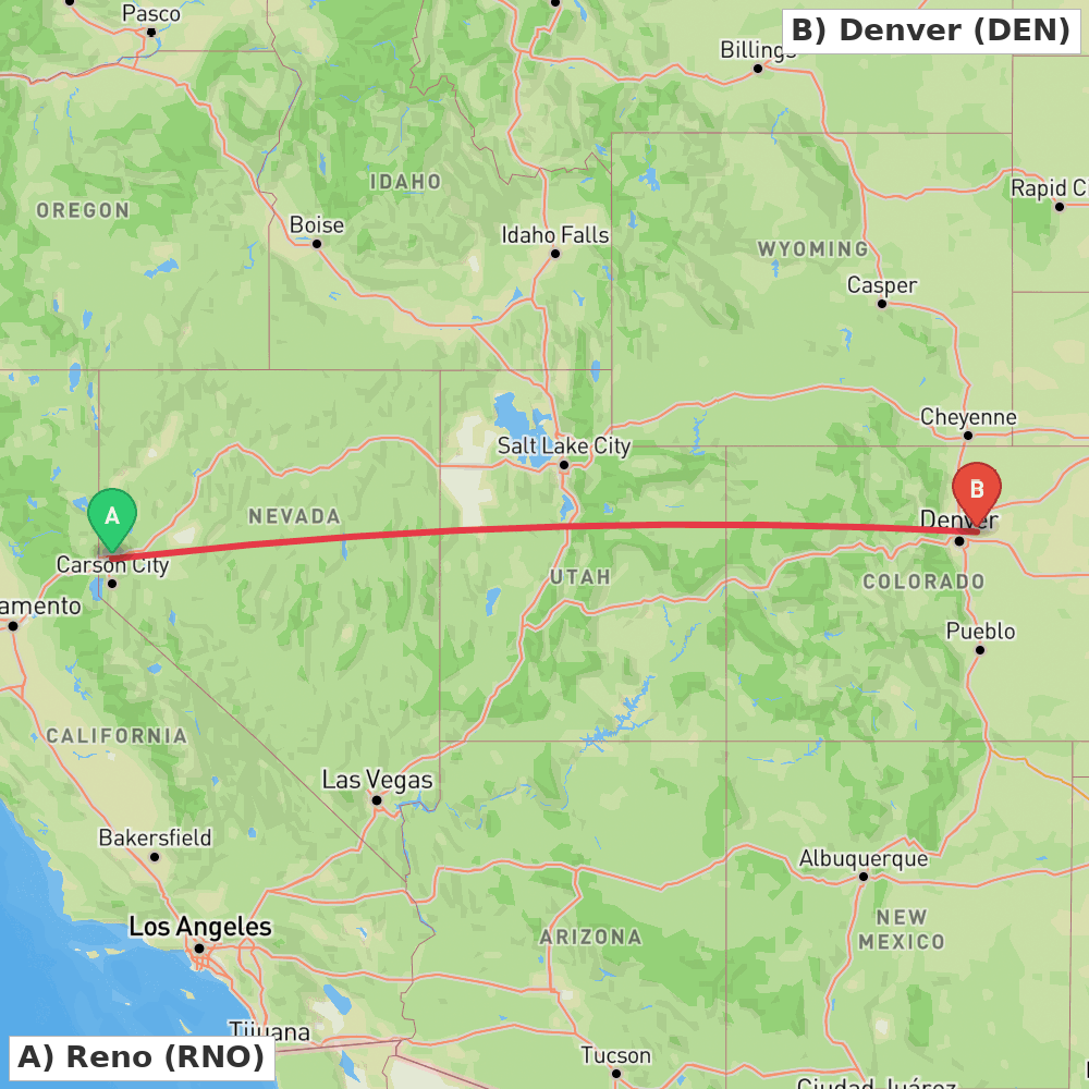 Flight route map from Reno to Denver